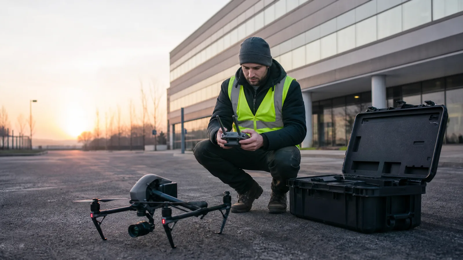 Pilote de drone professionnel préparant une mission sur le terrain